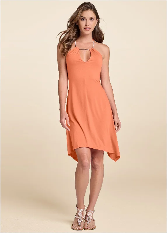 Keyhole Detail A-Line Dress - Orange