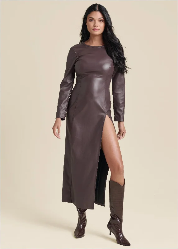 Faux Leather Column Dress - Dark Brown