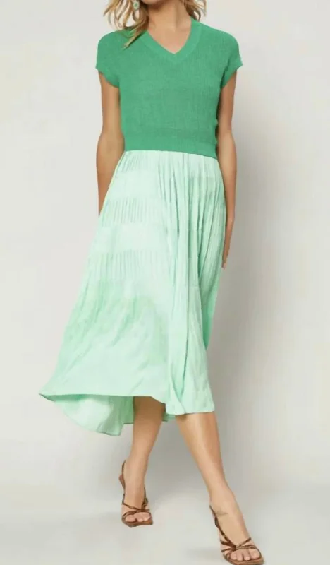 Cami Dress Sweater Set W/ Pleats On Skirt In Green