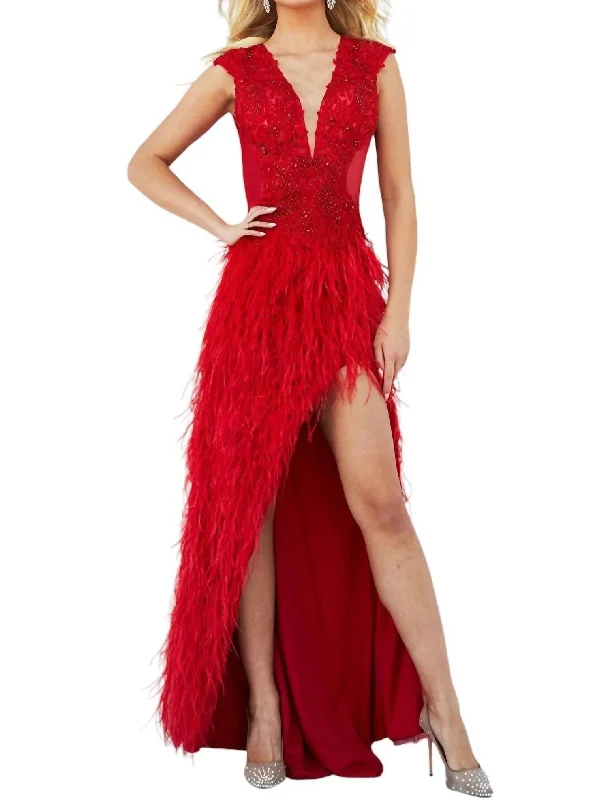 Feather Skirt Dress In Red