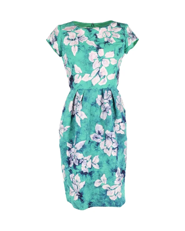 Oscar De La Renta Floral Pencil Skirt Dress in Teal Cotton