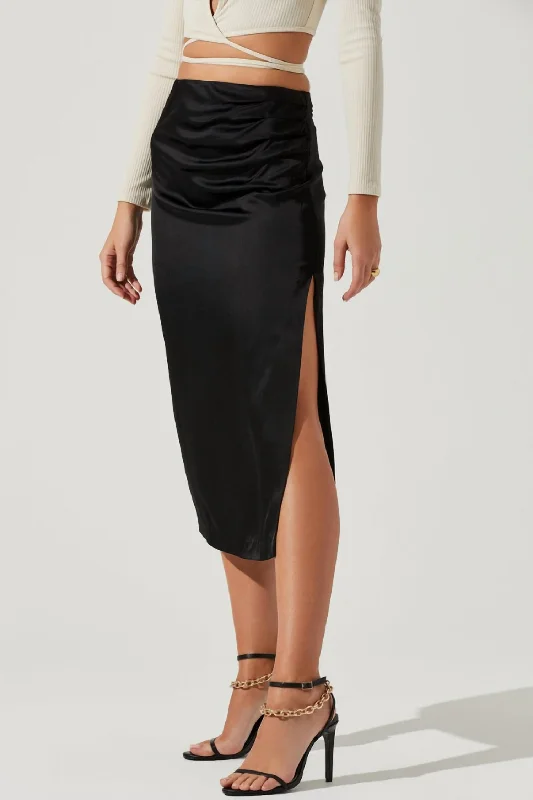 Perry Ruched Side Slit Midi Skirt In Black