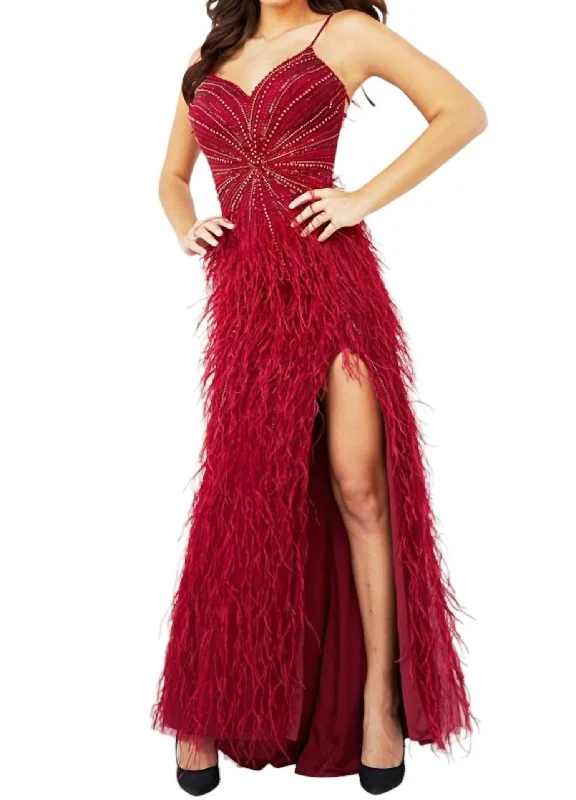 Sleeveless Beaded Bodice Feather Skirt Dress In Burg