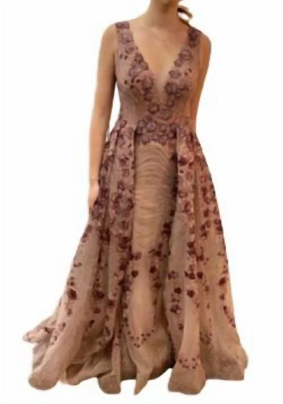 V-Neck Sheath With Floral Applique And Skirt Overlay In Mauve