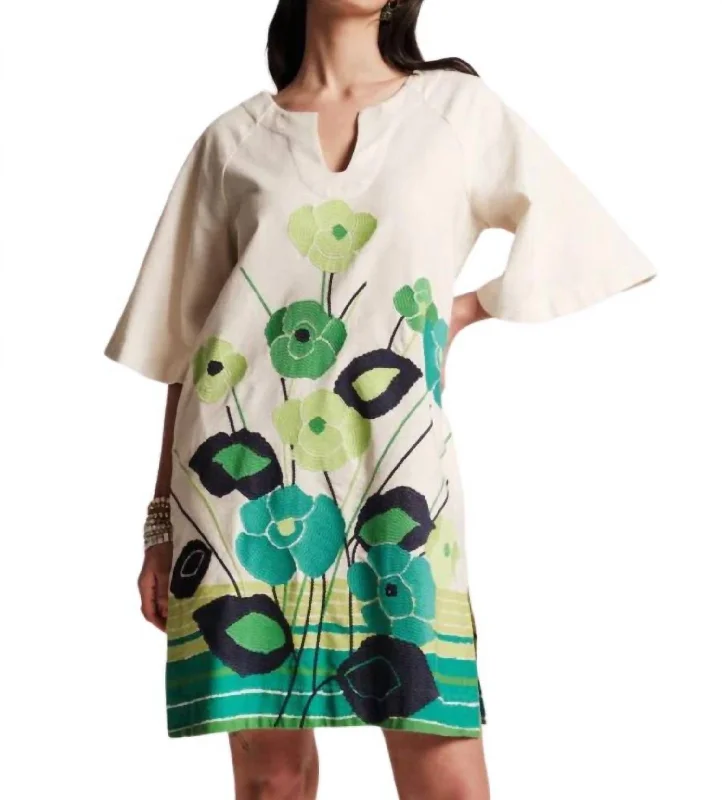 Dreamy Caftan Mini Dress In Green Multi