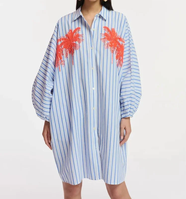 Embroidered Mini Shirt Dress In Navy Stripe