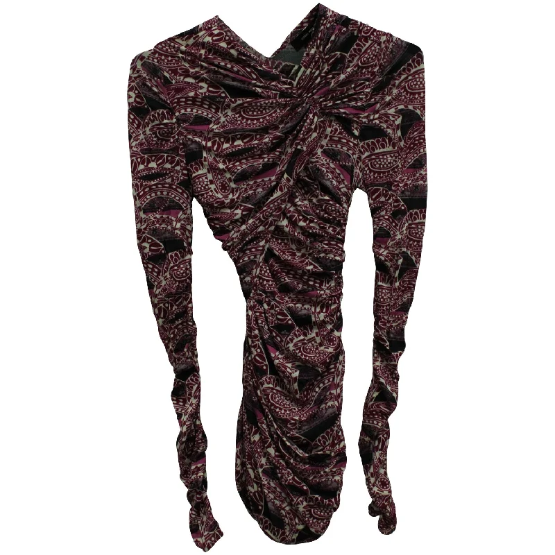 Isabel Marant Ruched Paisley Print Mini Dress in Purple Viscose