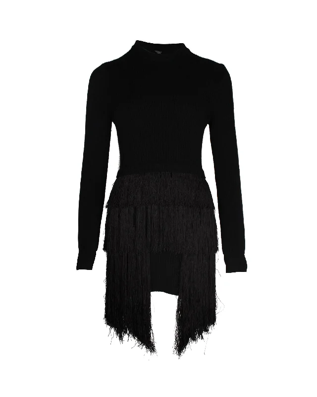 Mugler Fringed Mini Dress in Black Wool