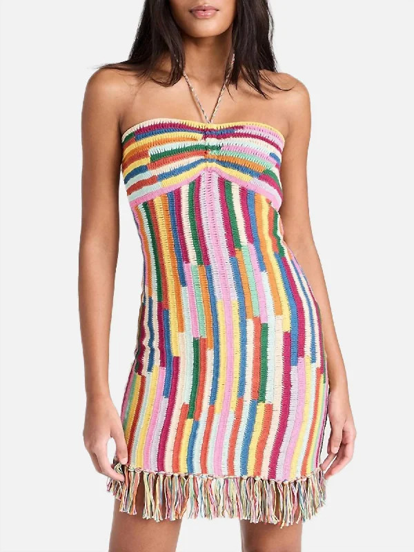 Tulla Crochet Fringe Mini Dress In Rainbow