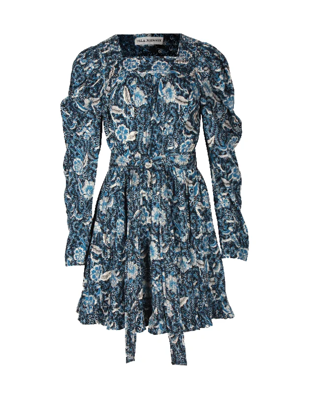 Ulla Johnson Nailah Floral-Print Mini Dress in Blue Cotton