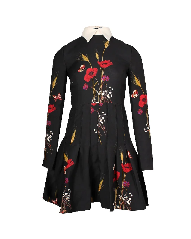 Valentino Garavani Collared Long Sleeve Mini Dress in Floral Print Black Wool